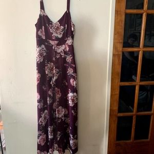 charlotte russe purple with pink roses romper shorts with skirt v-neck size L